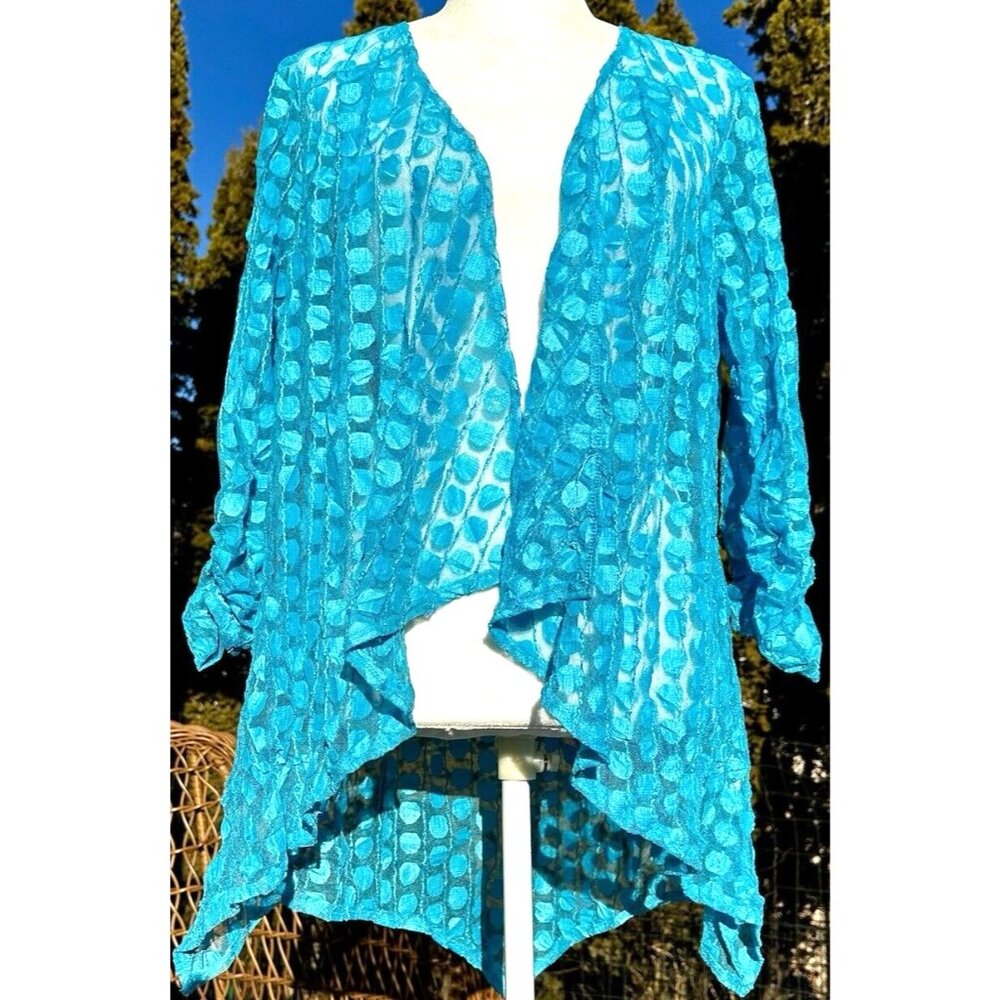 PICADILLY Open Cardigan Women’s Lg Blue Sheer Netting Dot JN494BR Beachy Coastal